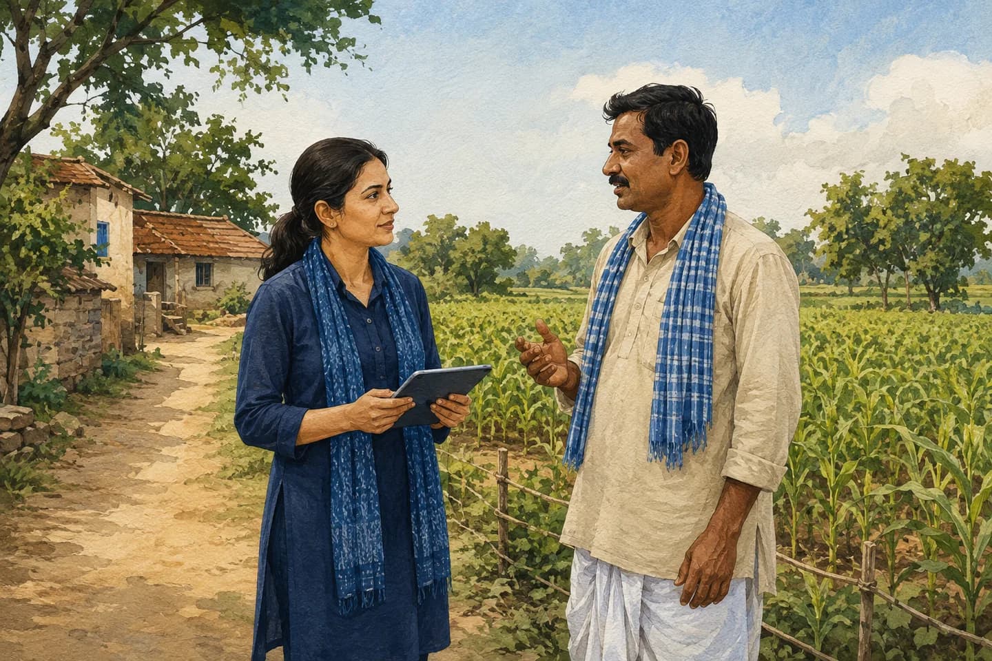 Editorial illustration of a tablet-assisted interview with a farmer beside cultivated fields.