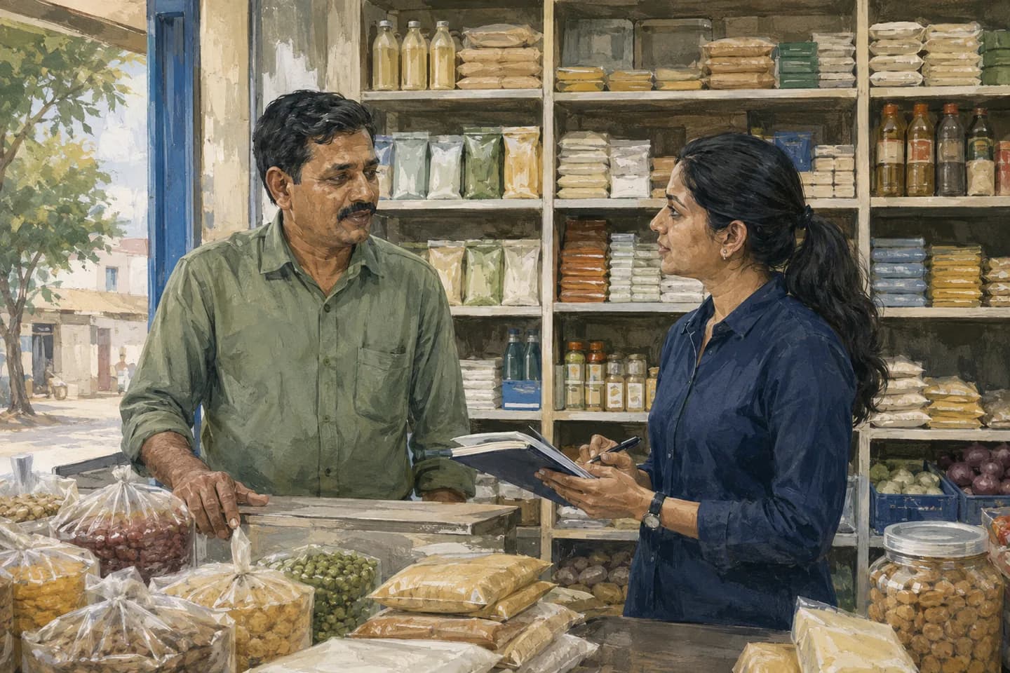 Editorial illustration of a researcher discussing products with a shopkeeper in an Indian grocery shop.
